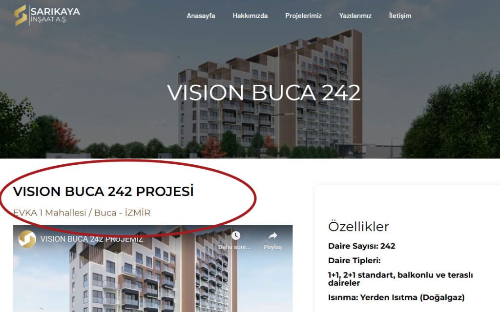 Sarıkaya İnaşaat Buca Vision 242 projesi nerede