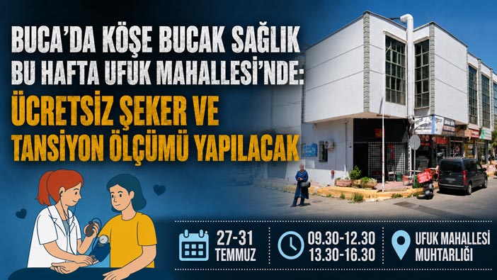 Buca ‘da Köşe Bucak Sağlık Bu Hafta Ufuk Mahallesi ‘nde: Ücretsiz Şeker ve Tansiyon Ölçümü Yapılacak